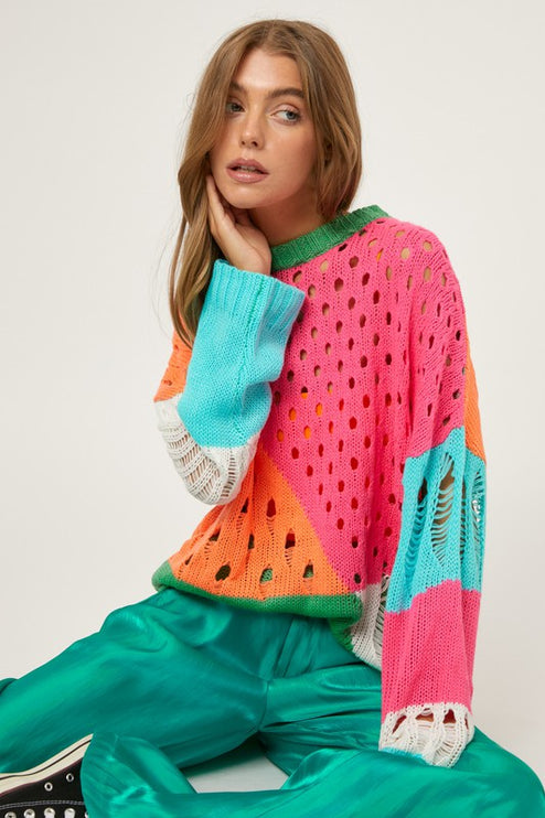 Colorful Open Knit Design Detailed Pullover Fashion Top Sweater - Accessoriesforever