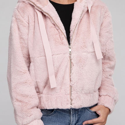 Plush Cropped Teddy Hoodie with Zip-Up Front and Drawstring Hood