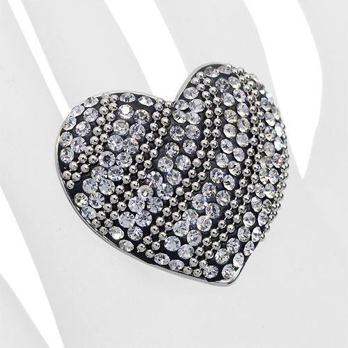 Duo Tone Crystal Pave Heart Stretch Ring Antique Silver