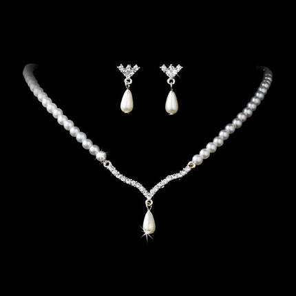 Bridal Wedding Jewelry Set Crystal Rhinestone Teardrop Pearl Soft V Necklace - Accessoriesforever
