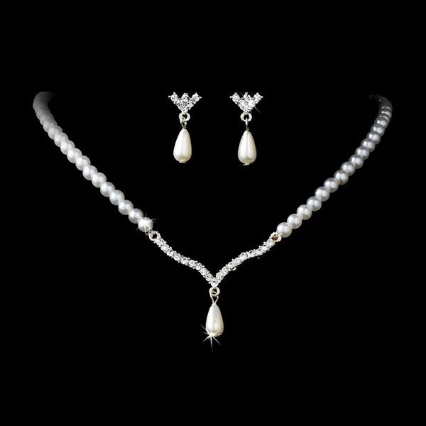 Bridal Wedding Jewelry Set Crystal Rhinestone Teardrop Pearl Soft V Necklace - Accessoriesforever