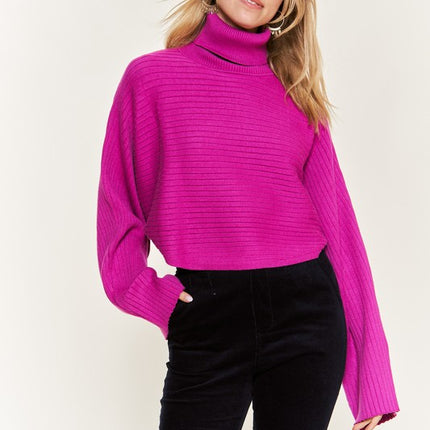 Ribbed Mock Neck Sweater with Wide Sleeves
