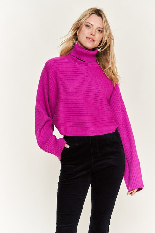 Ribbed Mock Neck Sweater with Wide Sleeves