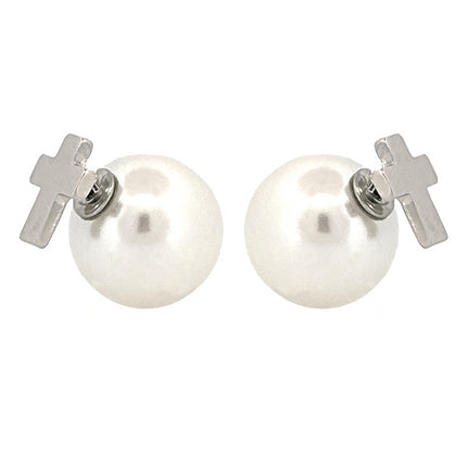 Classic Cross Charm Pearl Double-Sided Design Fashion Stud Earrings