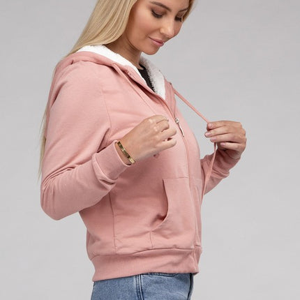 Cropped Fuzzy-Lined Zip-Up Hoodie with Long Sleeves