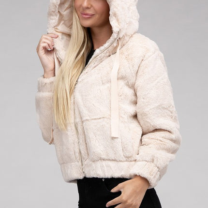 Plush Cropped Teddy Hoodie with Zip-Up Front and Drawstring Hood