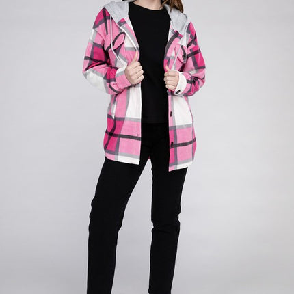Comfy Casual Plaid Drawstring Hooded Fleece Shacket - Accessoriesforever