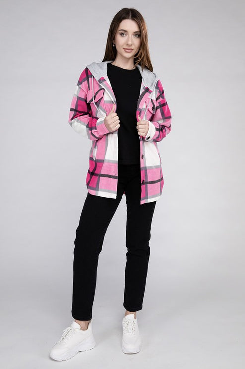 Comfy Casual Plaid Drawstring Hooded Fleece Shacket