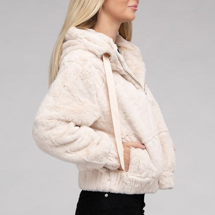 Plush Cropped Teddy Hoodie with Zip-Up Front and Drawstring Hood