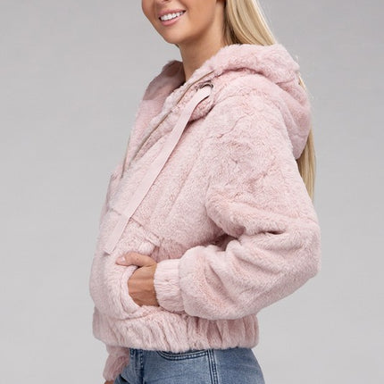 Plush Cropped Teddy Hoodie with Zip-Up Front and Drawstring Hood