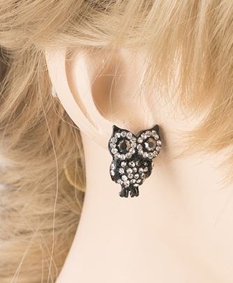 Fashion Adorable Owl Design Crystal Rhinestone Stud Post Earrings Black Clear - Accessoriesforever