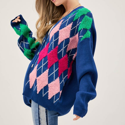 Cozy Argyle Pattern Design Button Front Loose Fit Knit Sweater Cardigan - Accessoriesforever