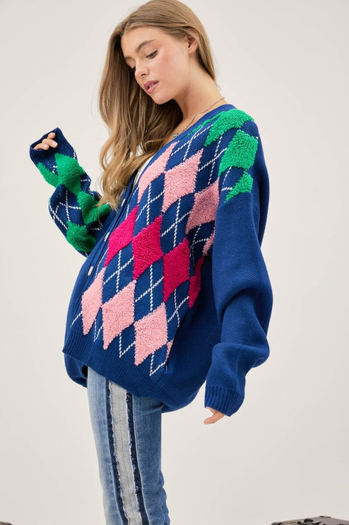 Cozy Argyle Pattern Design Button Front Loose Fit Knit Sweater Cardigan - Accessoriesforever