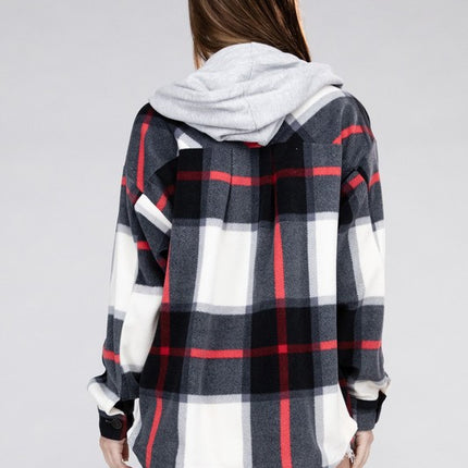 Comfy Casual Plaid Drawstring Hooded Fleece Shacket - Accessoriesforever