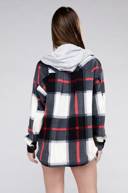 Comfy Casual Plaid Drawstring Hooded Fleece Shacket