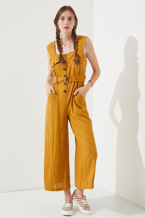 Linen Blend Jumpsuit with Belt and Multiple Pockets - Accessoriesforever