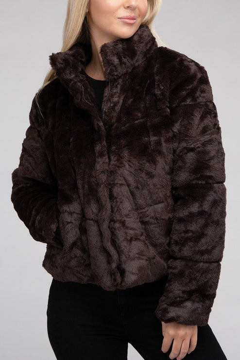 Fluffy Zip-Up Sweater Jacket with Collar and Pockets