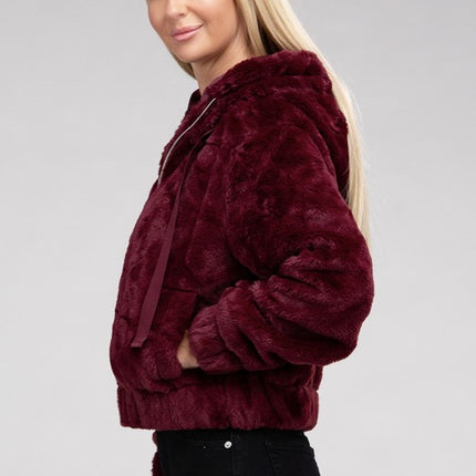 Plush Cropped Teddy Hoodie with Zip-Up Front and Drawstring Hood