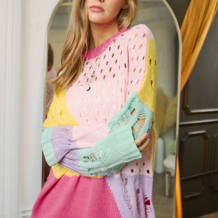 Colorful Open Knit Design Detailed Pullover Fashion Top Sweater