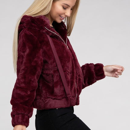 Plush Cropped Teddy Hoodie with Zip-Up Front and Drawstring Hood