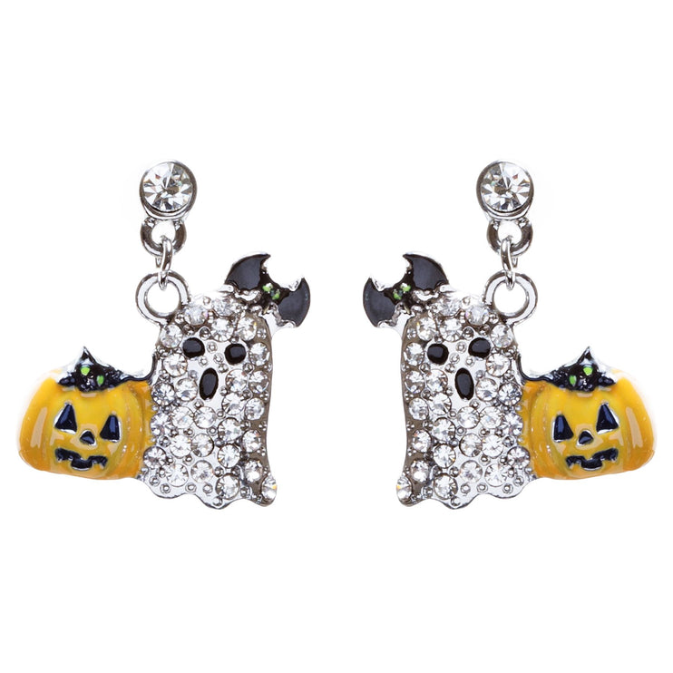 Halloween Costume Jewelry Crystal Rhinestone Goofy Pumpkin Ghost Earrings