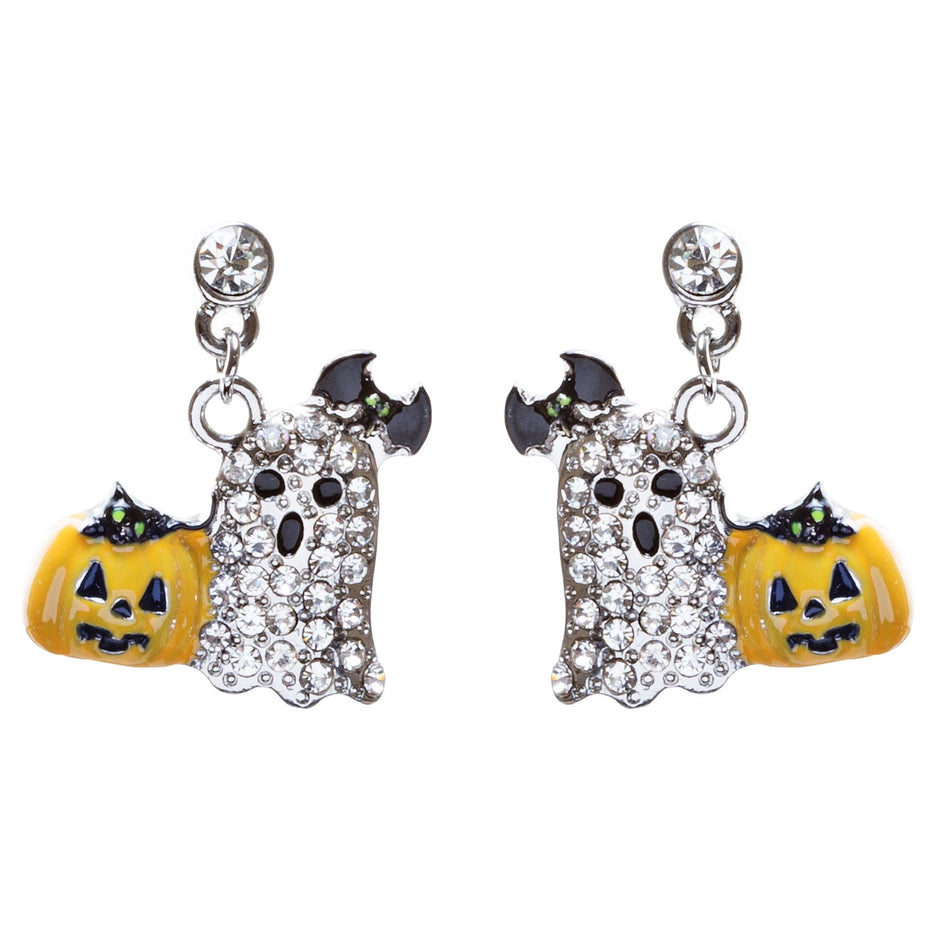 Halloween Costume Jewelry Crystal Rhinestone Goofy Pumpkin Ghost Earrings - Accessoriesforever
