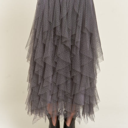 Elegant Layered Polka Dot Mesh A-Line Elastic Waist Midi Skirt