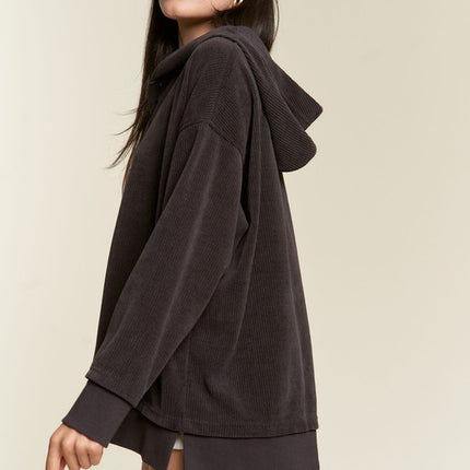Ribbed Knit Hooded Sweatshirt with Button Detail