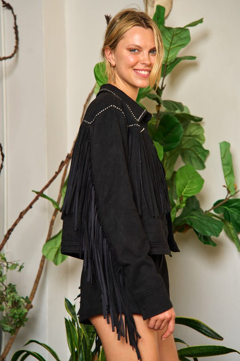 Boho Suede Fringe Jacket with Stud Details and Button Front