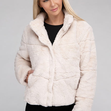 Fluffy Zip-Up Sweater Jacket with Collar and Pockets