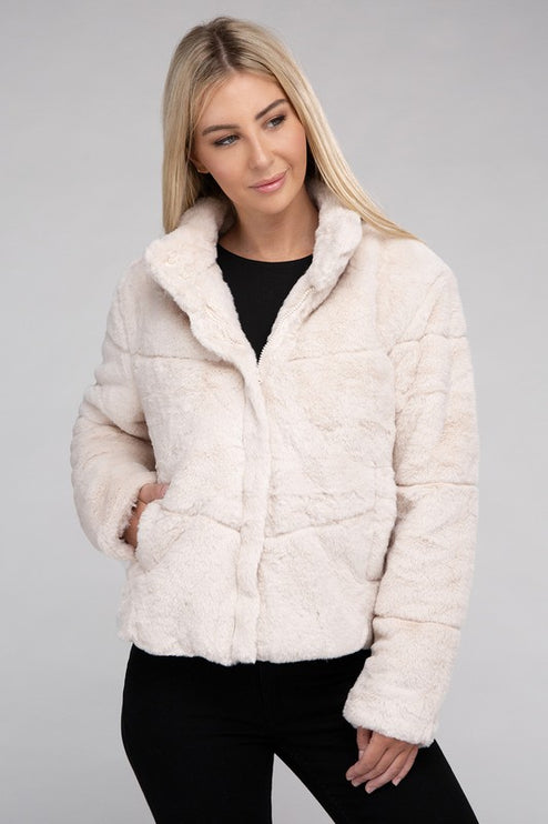 Fluffy Zip-Up Sweater Jacket with Collar and Pockets