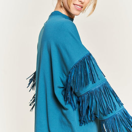 Western-Inspired Oversized Pullover with Suede Fringe and Stud Trim