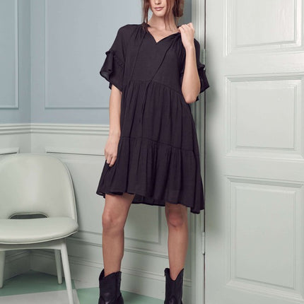 Breezy Short Sleeve Midi Dress with Ruffled Details and Tie-Strap V-Neck