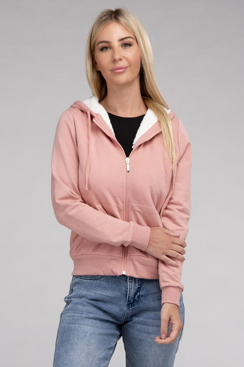 Cropped Fuzzy-Lined Zip-Up Hoodie with Long Sleeves