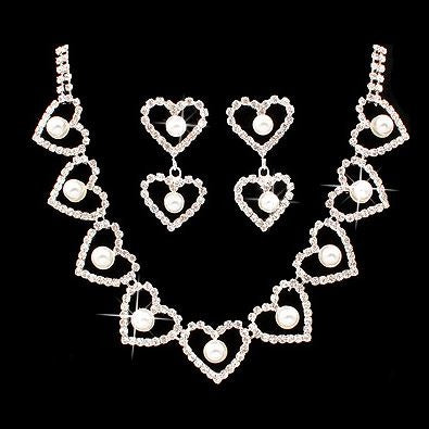 Bridal Wedding Jewelry Set Crystal Rhinestone Pearl Heart Link Necklace SV