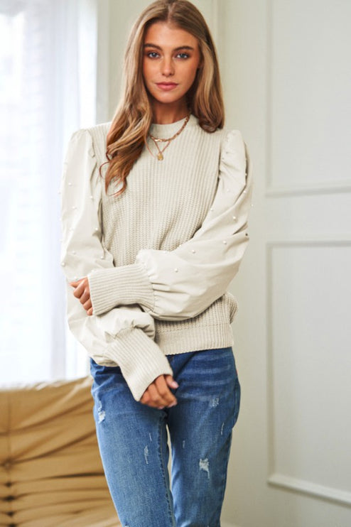 Beautiful Elegant Pearl Decorated Ballon Sleeve Top Sweater - Accessoriesforever
