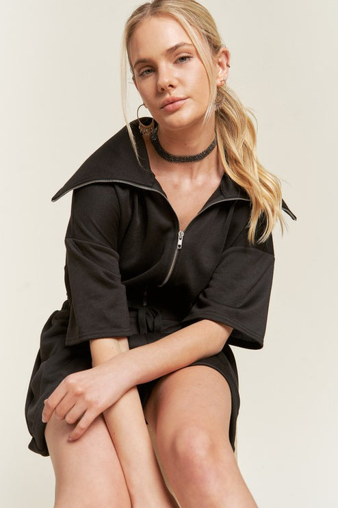 High Neck French Terry Zip Romper with Side Pockets