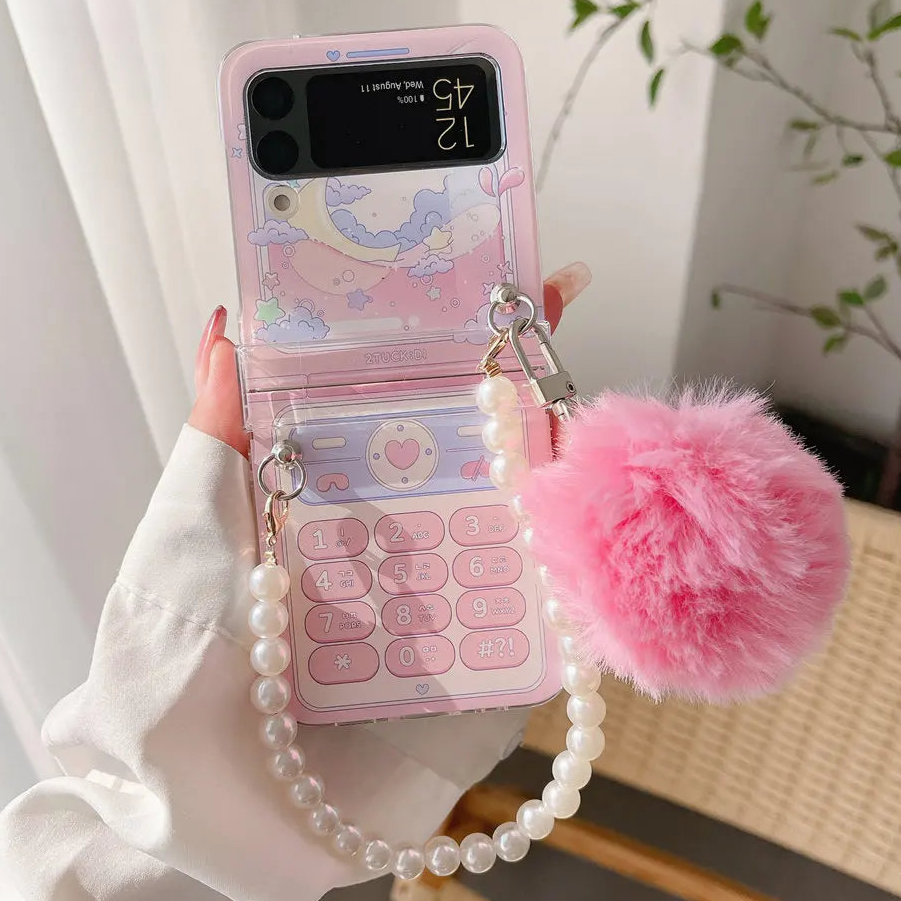 Cute Fluffy Pom Pom Pearl Beaded Wristlet Strap Phone Case Cover for Samsung Z Flip - Accessoriesforever