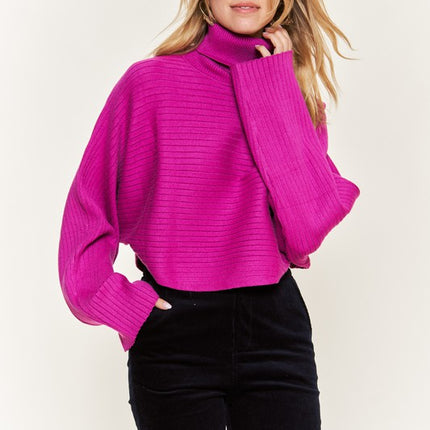 Ribbed Mock Neck Sweater with Wide Sleeves