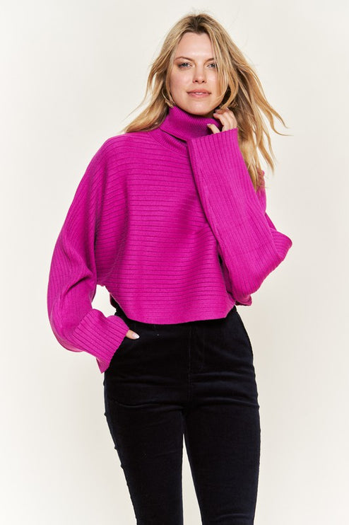 Ribbed Mock Neck Sweater with Wide Sleeves