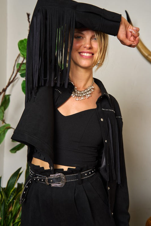 Boho Suede Fringe Jacket with Stud Details and Button Front