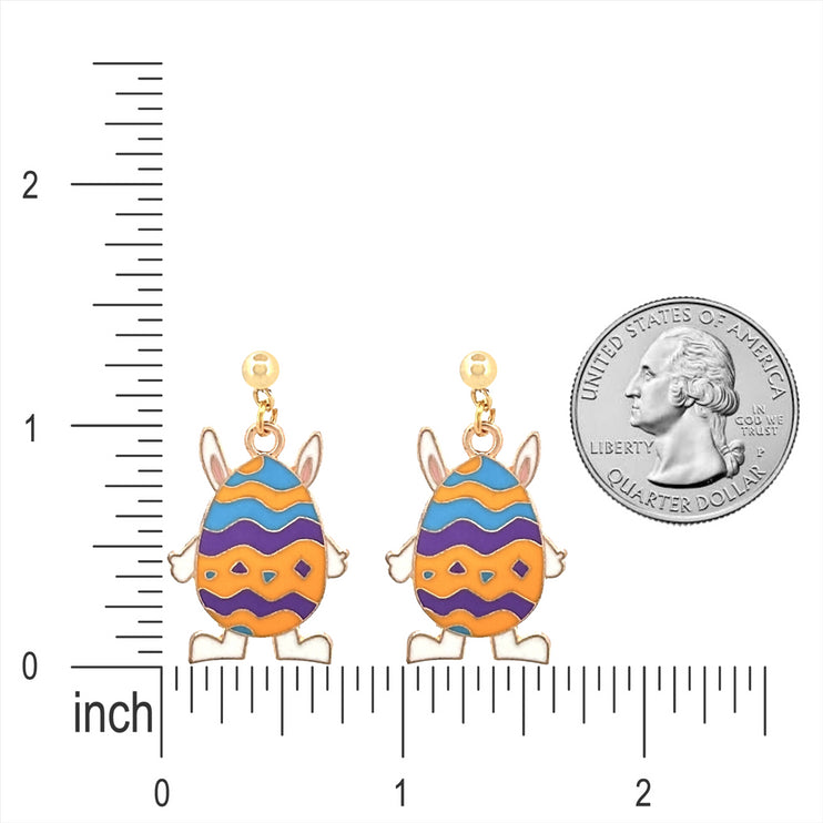 Easter Egg Bunny Enameled Charm 24K Gold Plated Hypoallergenic Stud Post Dangle Earrings Purple Orange