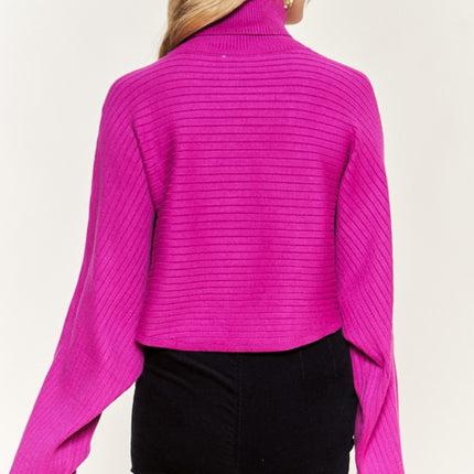 Ribbed Mock Neck Sweater with Wide Sleeves