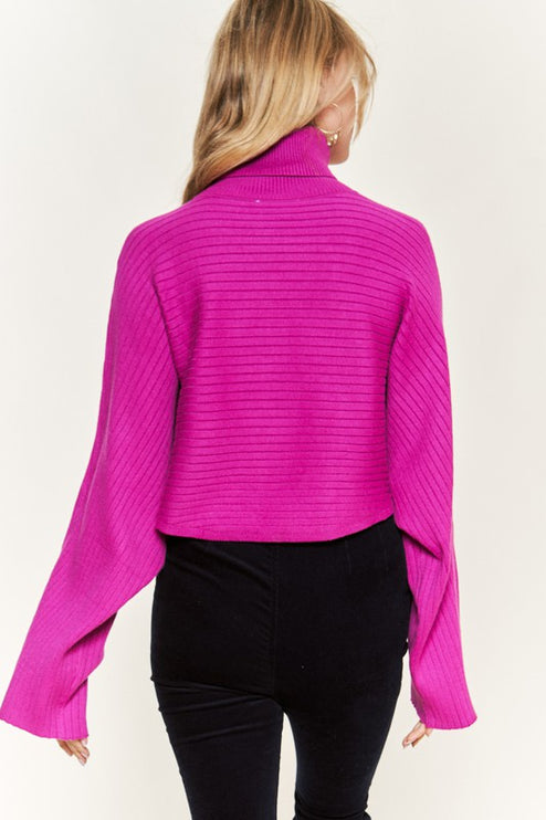 Ribbed Mock Neck Sweater with Wide Sleeves