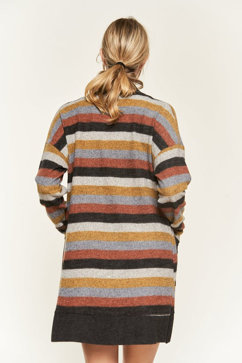 Cozy Striped Open Front Sweater Cardigan with Pockets