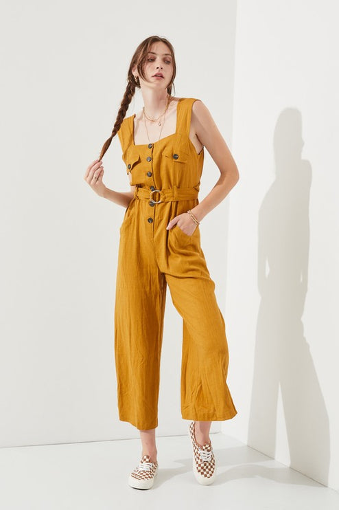 Linen Blend Jumpsuit with Belt and Multiple Pockets - Accessoriesforever