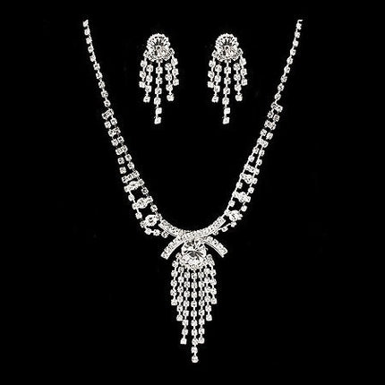 Bridal Wedding Jewelry Set Necklace Earring Crystal Rhinestone Tassel Silver - Accessoriesforever