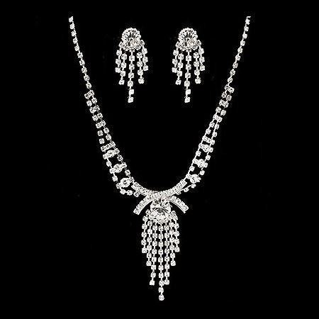 Bridal Wedding Jewelry Set Necklace Earring Crystal Rhinestone Tassel Silver