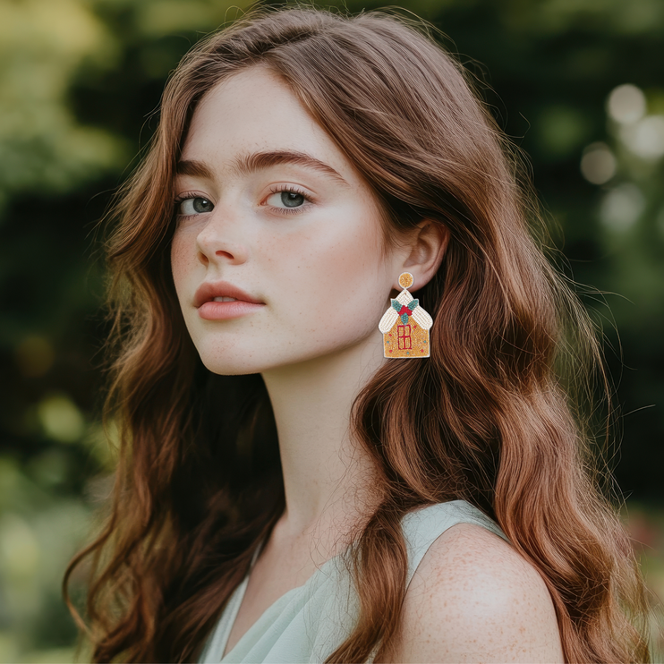 Festive Christmas Beaded Gingerbread House Earrings - Iconic Holiday Jewelry