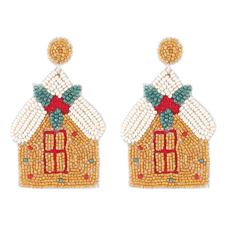 Festive Christmas Beaded Gingerbread House Earrings - Iconic Holiday Jewelry